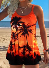 Orange Tummy Coverage Tropical Plants Print Tankini Set | thumb picture 