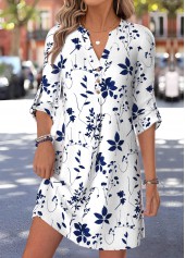 White Floral Print Short Tummy Coverage Long Sleeve Dress