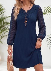 Navy Short Patchwork Long Sleeve Split Neck Dress