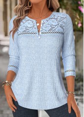Blue Patchwork Long Sleeve Split Neck T Shirt