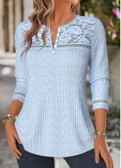 Blue Patchwork Long Sleeve Split Neck T Shirt | thumb picture 