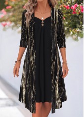 Black Wave Pattern Print Patchwork Long Sleeve Dress