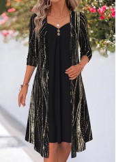 Black Wave Pattern Print Patchwork Long Sleeve Dress | thumb picture 