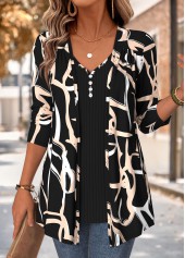 Black Geometric Print Long Sleeve Fake Two Piece Twinset