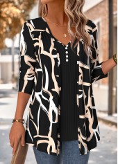 Black Geometric Print Long Sleeve Fake Two Piece Twinset | thumb picture 