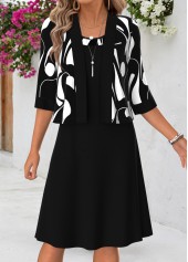 Black Geometric Print Tummy Coverage Half Sleeve Dress