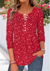 Red Geometric Print Patchwork Long Sleeve T Shirt