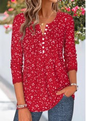 Red Geometric Print Patchwork Long Sleeve T Shirt | thumb picture 