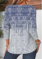 Blue Tribal Print Curved Hem Long Sleeve T Shirt | thumb picture 