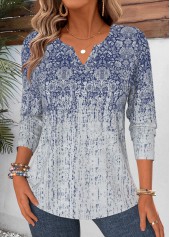 Blue Tribal Print Curved Hem Long Sleeve T Shirt