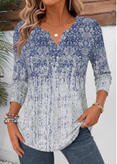 Blue Tribal Print Curved Hem Long Sleeve T Shirt | thumb picture 