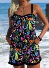 Black Frill Ditsy Floral Print One Piece Swimwear