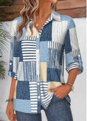 Denim Blue Geometric Print Tummy Coverage 3/4 Sleeve Shirt | thumb picture 