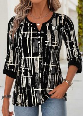 Black Geometric Print Curved Hem 3/4 Sleeve Blouse