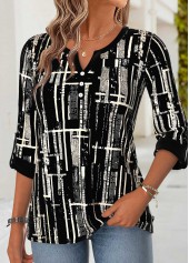 Black Geometric Print Curved Hem 3/4 Sleeve Blouse | thumb picture 