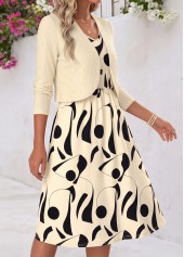 Beige Geometric Print Tummy Coverage Dress and Cardigan | thumb picture 