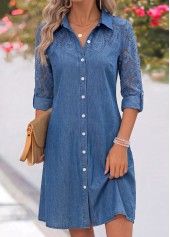 Denim Blue Short Patchwork Long Sleeve Shirt Collar Dress