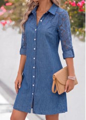 Denim Blue Short Patchwork Long Sleeve Shirt Collar Dress | thumb picture 