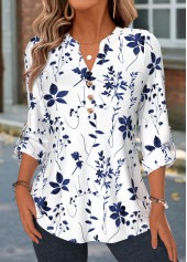 Blue Floral Print Curved Hem Long Sleeve Shirt