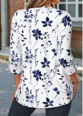 Blue Floral Print Curved Hem Long Sleeve Shirt | thumb picture 