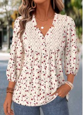 Beige Ditsy Floral Print Shirred 3/4 Sleeve Blouse
