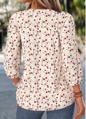 Beige Ditsy Floral Print Shirred 3/4 Sleeve Blouse | thumb picture 