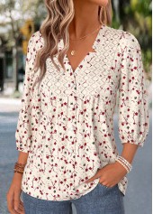 Beige Ditsy Floral Print Shirred 3/4 Sleeve Blouse | thumb picture 