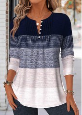 Navy Striped Tuck Stitch Long Sleeve T Shirt