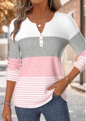Pink Striped Curved Hem Long Sleeve T Shirt