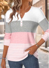 Pink Striped Curved Hem Long Sleeve T Shirt | thumb picture 