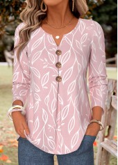 Pink Leaf Print Pleated Long Sleeve Split Neck Blouse