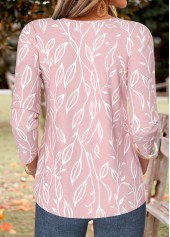 Pink Leaf Print Pleated Long Sleeve Split Neck Blouse | thumb picture 