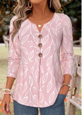 Pink Leaf Print Pleated Long Sleeve Split Neck Blouse | thumb picture 