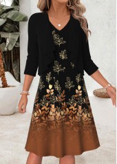 Black Leaf Print Two-piece Long Sleeve Dress and Cardigan