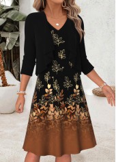 Black Leaf Print Two-piece Long Sleeve Dress and Cardigan | thumb picture 