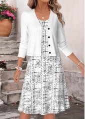 White Geometric Print Two-piece Long Sleeve Dress and Cardigan