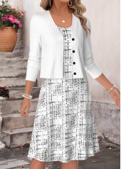 White Geometric Print Two-piece Long Sleeve Dress and Cardigan | thumb picture 