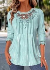 Cyan Polka Dot Tuck Stitch Long Sleeve T Shirt