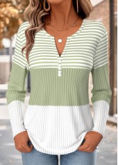 Light Green Striped Button Long Sleeve T Shirt