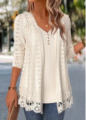 Beige Long Sleeve V Neck Fake Two Piece Twinset | thumb picture 