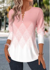 Light Pink Tuck Stitch Geometric Print Long Sleeve Blouse | thumb picture 