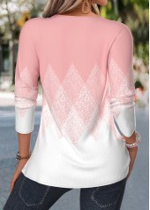 Light Pink Tuck Stitch Geometric Print Long Sleeve Blouse | thumb picture 