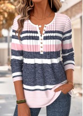 Multi Color Striped Tuck Stitch Long Sleeve T Shirt