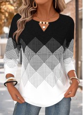 Black Geometric Print Curved Hem Long Sleeve T Shirt