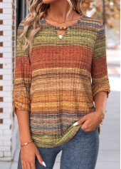 Multi Color Geometric Print Shirred 3/4 Sleeve Blouse