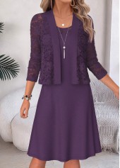 Purple Two-piece Half Sleeve Round Neck Dress and Cardigan