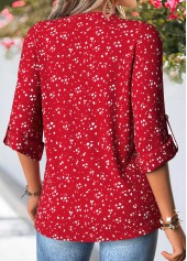 Red Geometric Print Patchwork 3/4 Sleeve Split Neck Shirt | thumb picture 