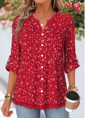 Red Geometric Print Patchwork 3/4 Sleeve Split Neck Shirt
