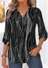 Black Ombre Curved Hem 3/4 Sleeve V Neck Blouse