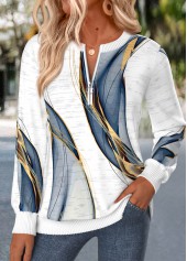 White Geometric Print Zipper Long Sleeve Round Neck Sweatshirt